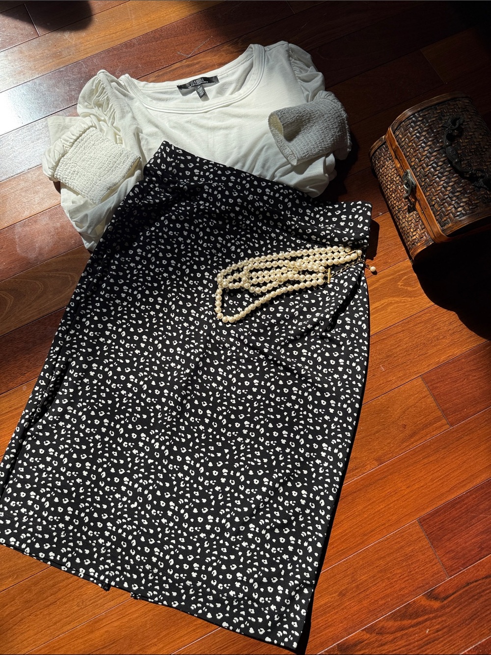 White House Black Market Black Pencil Skirt with White Spot Print